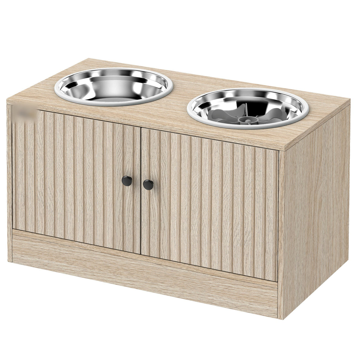 Oak elevated dog feeding station with two stainless steel bowls, front view on white