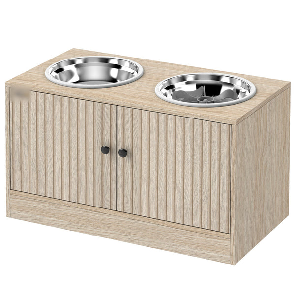 Oak elevated dog feeding station with two stainless steel bowls, front view on white