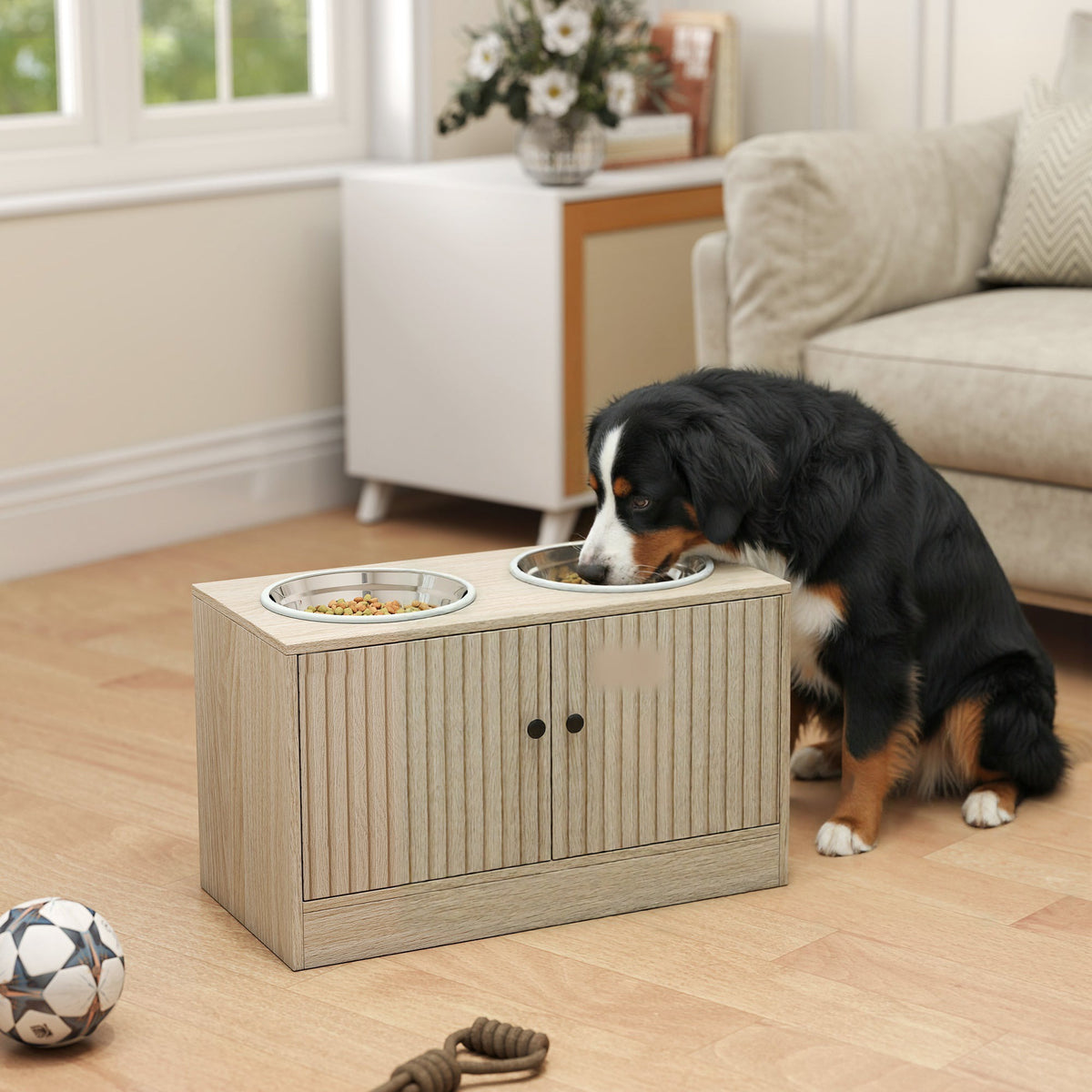Elevated oak feeding station in a living room with a Bernese Mountain Dog eating