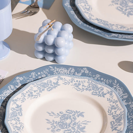 French Retro Blue Dishware Set, a closer look at the pieces.