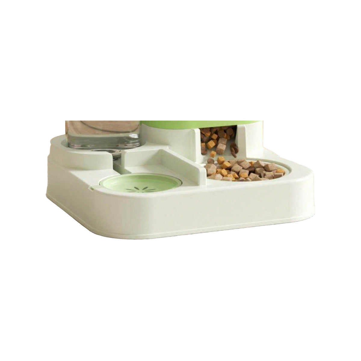 The feeder base on white with the hopper lifted off, kibble in the food bowl and the water bowl beside it
