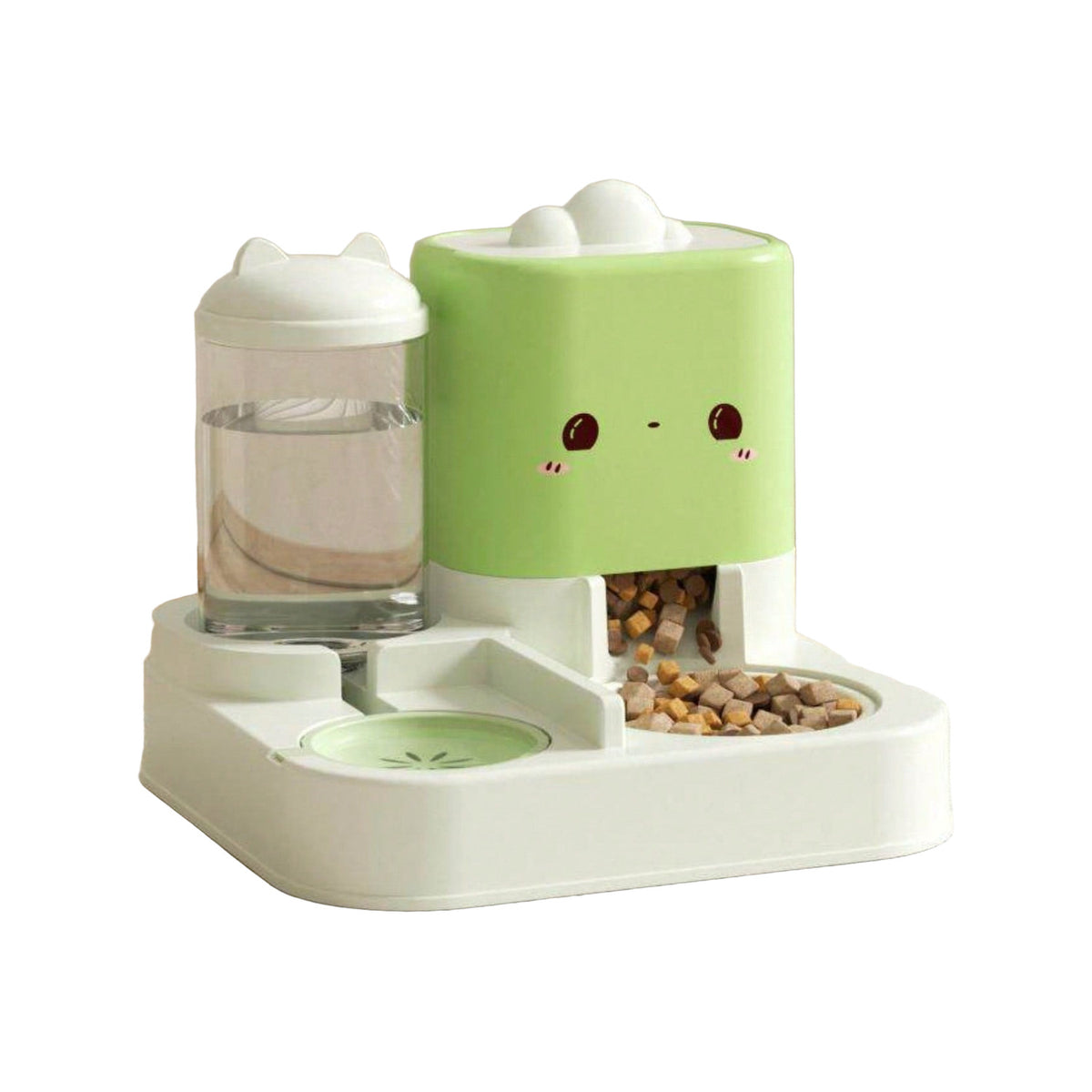 The complete green 2-in-1 gravity feeder on white: clear water bottle, food hopper with a cat face, and the food and water bowls in the base