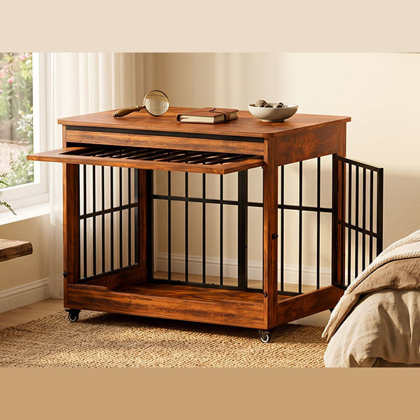 Brown wooden dog crate end table beside a bed, flip-up front door open