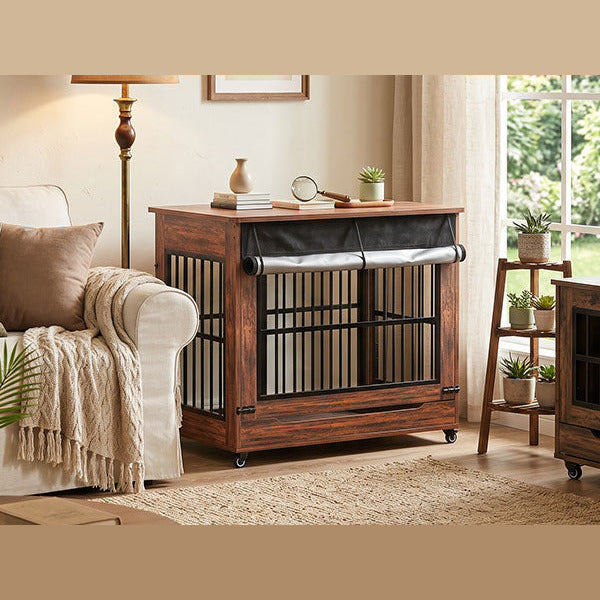 Brown 46 in dog crate end table next to a sofa in a living room