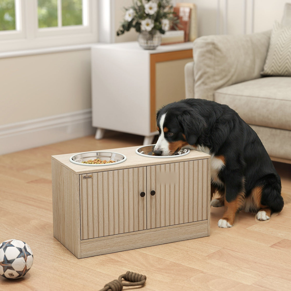 A Bernese mountain dog eating from the raised stainless steel bowl on the oak feeding station with a storage cabinet, in a living room.