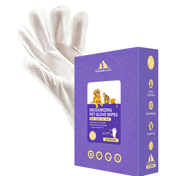 Pet deodorizing glove wipes, box and glove