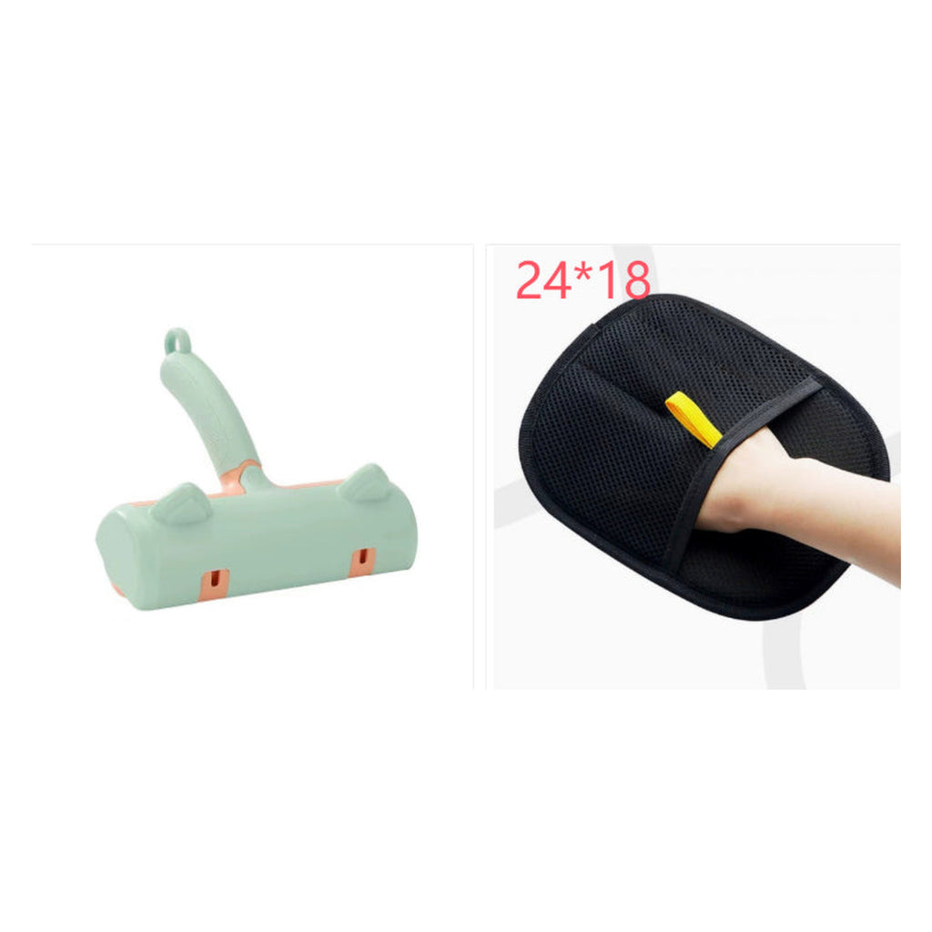Mint green pet hair remover roller brush beside the black hair removal mitt included in that bundle option