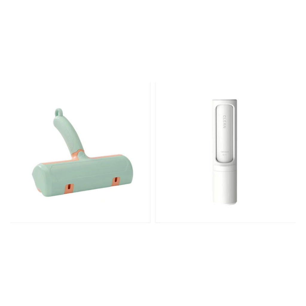 Mint green pet hair remover roller brush beside the white handheld lint tool included in that bundle option