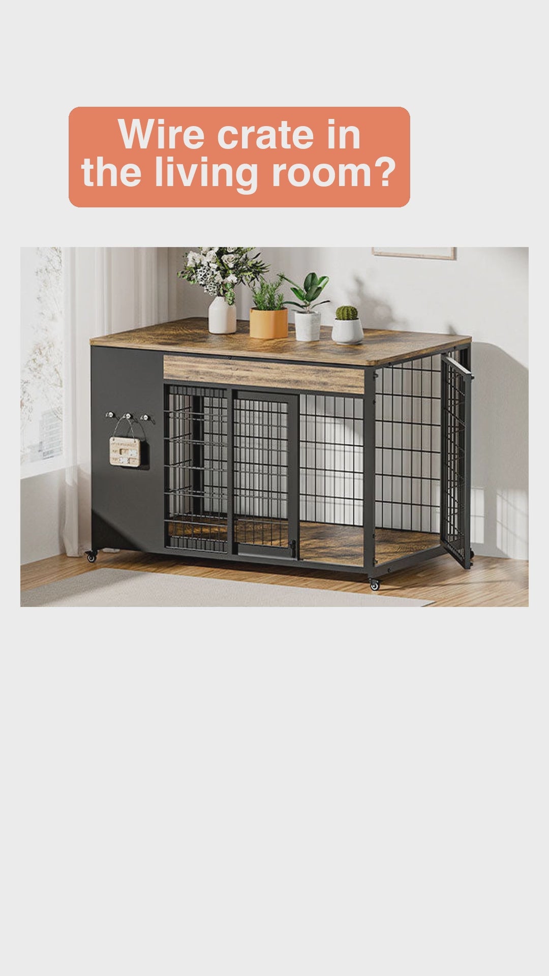 42 in dog crate furniture TV stand video: holds a TV up to 43 in, fits a dog up to about 36 in long (edited video)