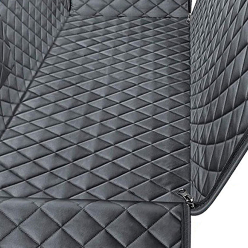 Close-up of the car seat cover's diamond quilting and its zip