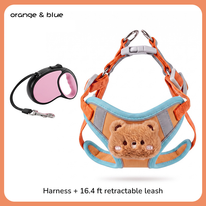 Orange and blue vest harness shown with a black and pink retractable leash; labelled harness plus 16.4 ft retractable leash