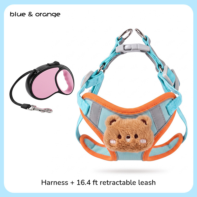 Blue and orange vest harness shown with a black and pink retractable leash; labelled harness plus 16.4 ft retractable leash