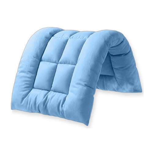 Extra-large light blue quilted dog bed, folded over to show the quilted panels
